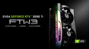 Tarjeta gráfica EVGA GeForce RTX 3090 Ti FTW3 con diseño negro, iluminación RGB y dos ventiladores, destacando su potencia para juegos.