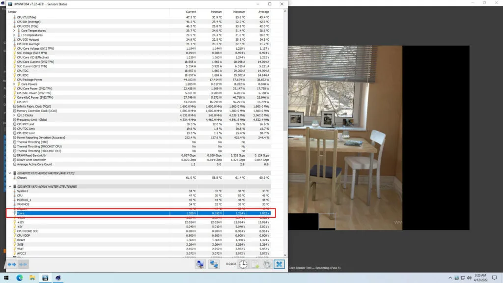 Cinebench R23 5800X3D Voltages