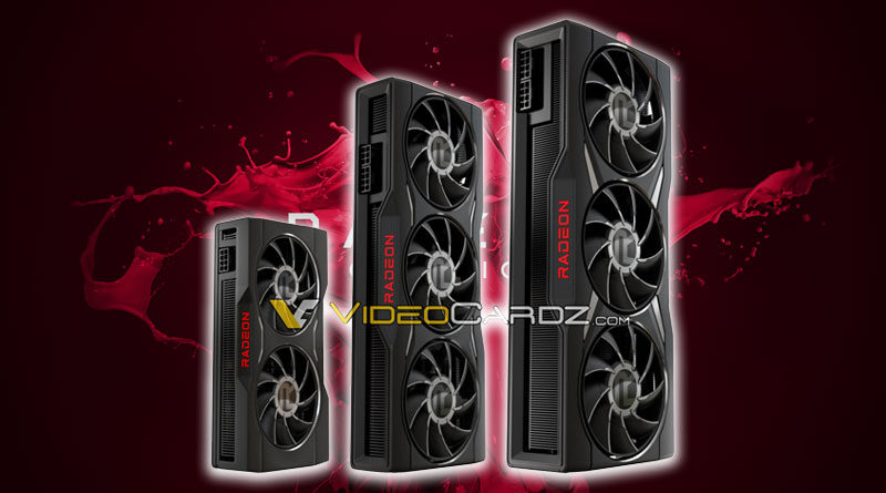 Tres tarjetas gráficas Radeon con diseño negro y detalles en rojo, colocadas sobre un fondo rojo oscuro con salpicaduras.