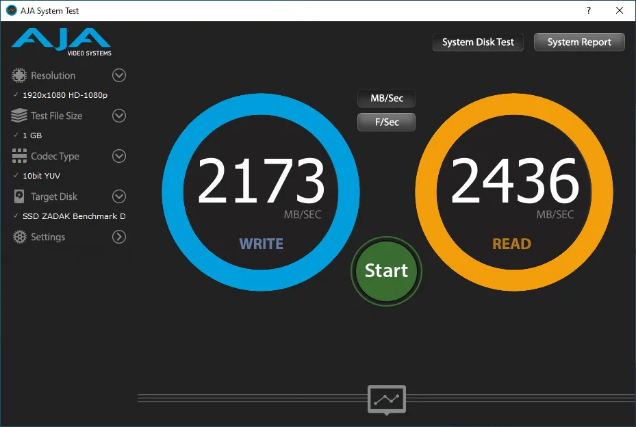 Interfaz de prueba de rendimiento con dos círculos azules; uno muestra 2173 MB/sec (escritura) y otro 2436 MB/sec (lectura). Fondo negro.
