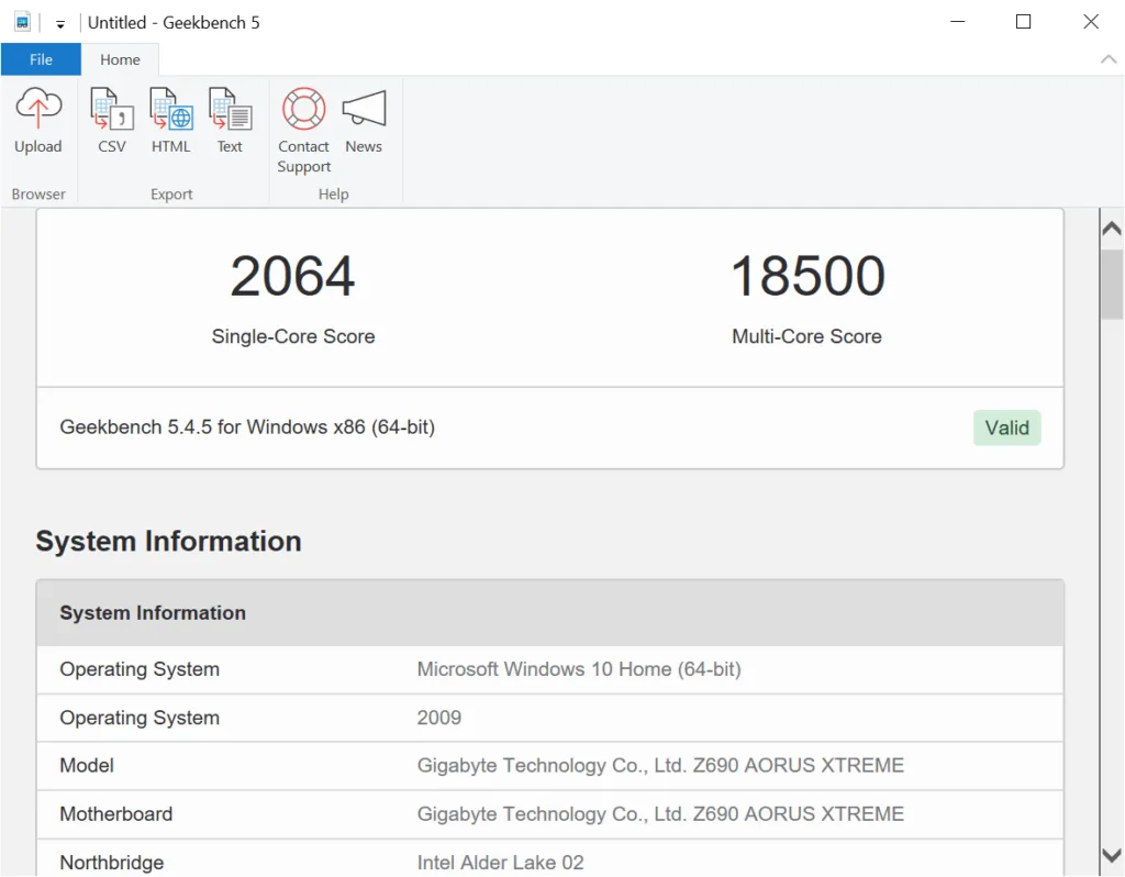 Captura de pantalla de Geekbench 5 mostrando un puntaje de 2064 en un solo núcleo y 18500 en múltiples núcleos, junto con información del sistema.
