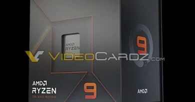 Caja negra de empaque con detalles en naranja, destacando el logo de AMD Ryzen y el número 9, con un diseño moderno y minimalista.