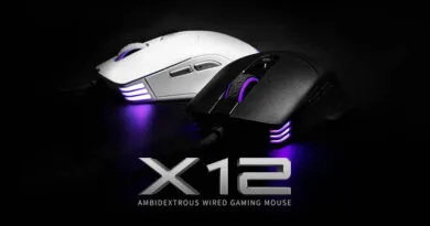 Ratones gamer X12 en blanco y negro, con luces LED moradas y diseño ambidextro, sobre fondo negro.