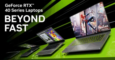 Laptops GeForce RTX 40 en tonos verdes y negros, mostrando gráficos vibrantes de videojuegos, destacando su velocidad y rendimiento.