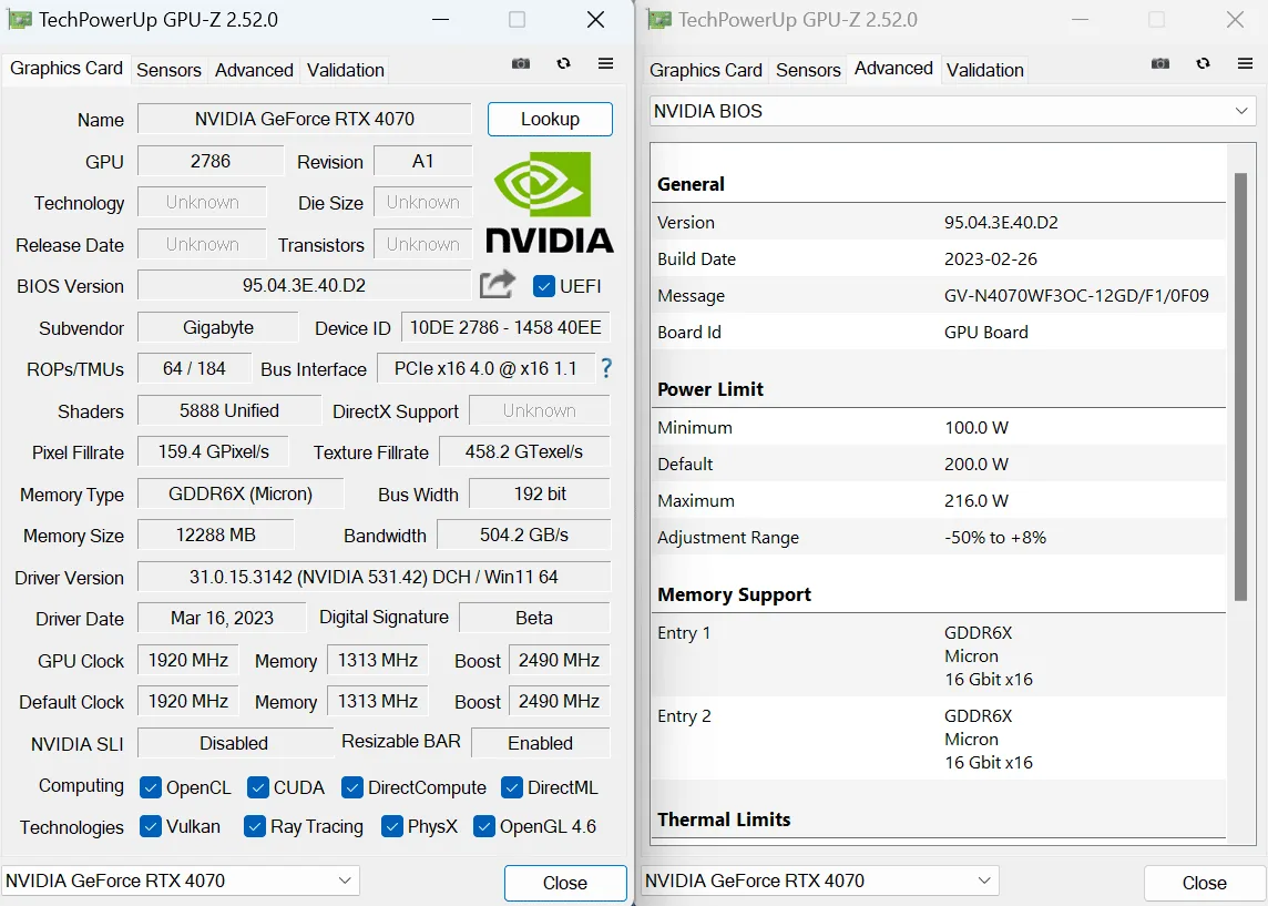 GIGABYTE GeForce RTX 4070 Windforce OC 12G GPUz