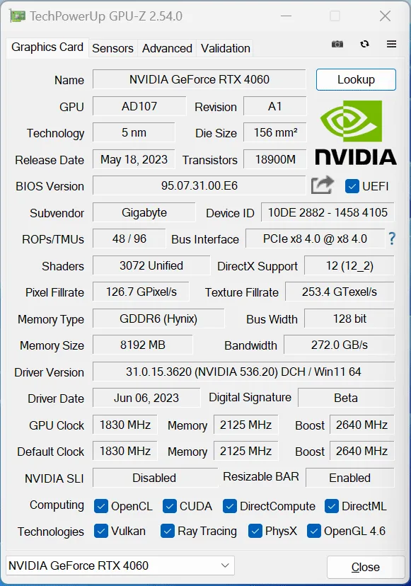AORUS GeForce RTX 4060 Elite GPUz