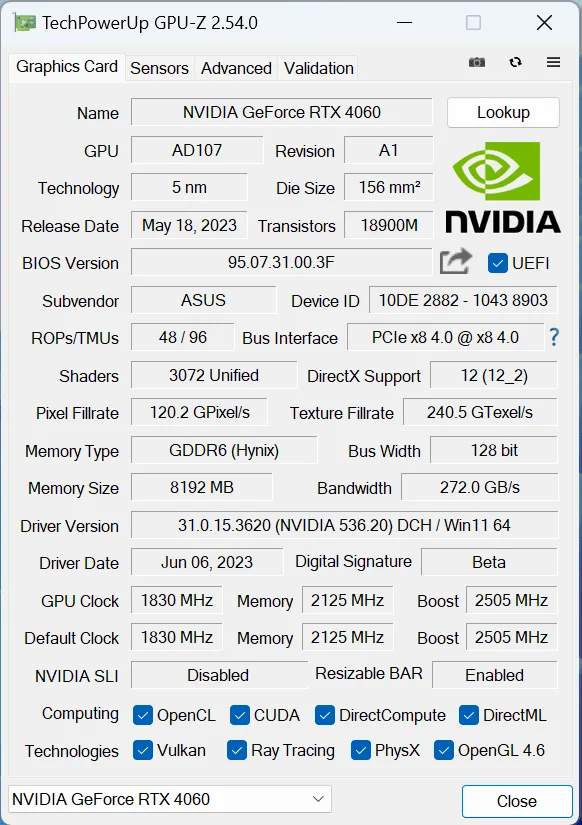 ASUS Dual GeForce RTX 4060 OC GPUz