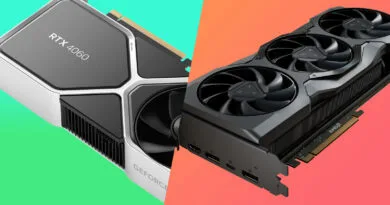 Tarjetas gráficas RTX 4060 y Radeon RX 7900 XTX, destacando sus colores blanco y negro sobre un fondo verde y naranja.