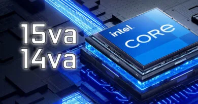 Procesador Intel Core con diseño en azul, sobre un fondo oscuro con circuitos. Texto: "15va" y "14va" destacados.