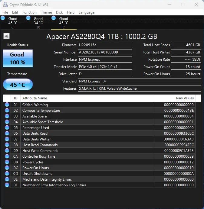 APACER AS2280Q4 CrystalDiskInfo