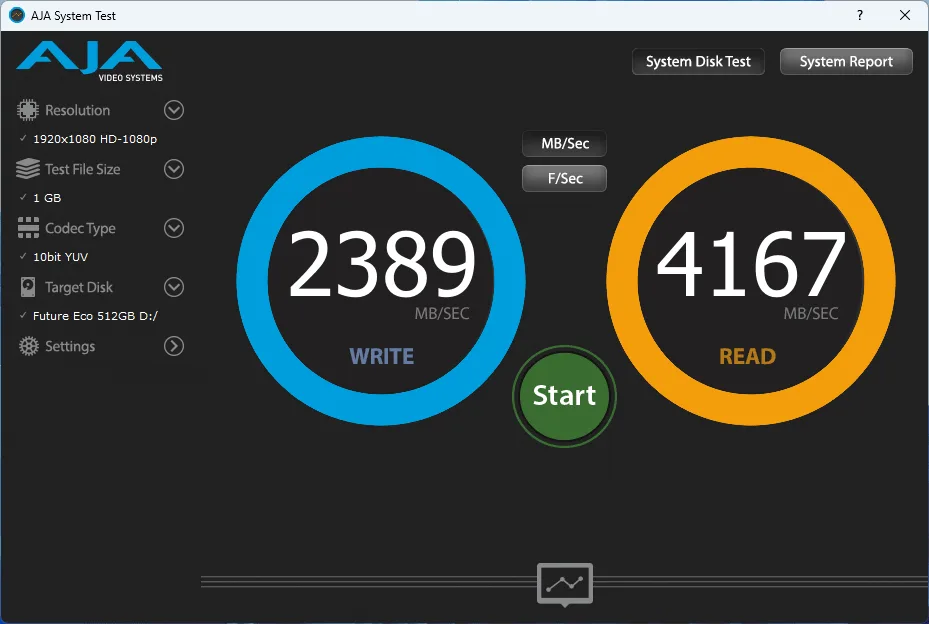 Prueba de velocidad de SSD mostrando 2389 MB/s en escritura y 4167 MB/s en lectura, con fondo negro y botones en azul y naranja.