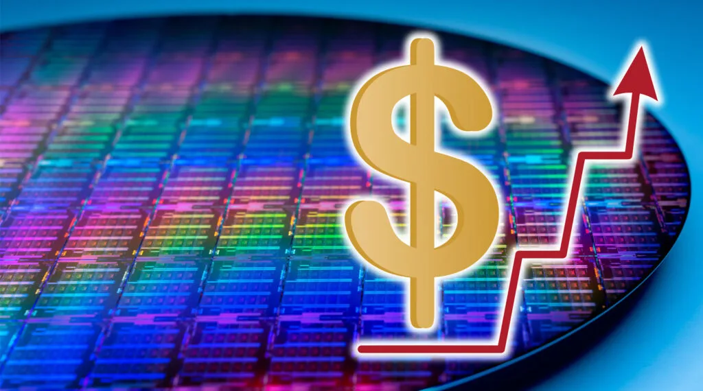 Semiconductor wafer con un fondo de colores brillantes y un símbolo de dólar superpuesto, acompañado de una flecha ascendente.