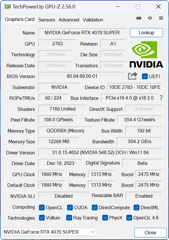 RTX 4070 Super GPUz