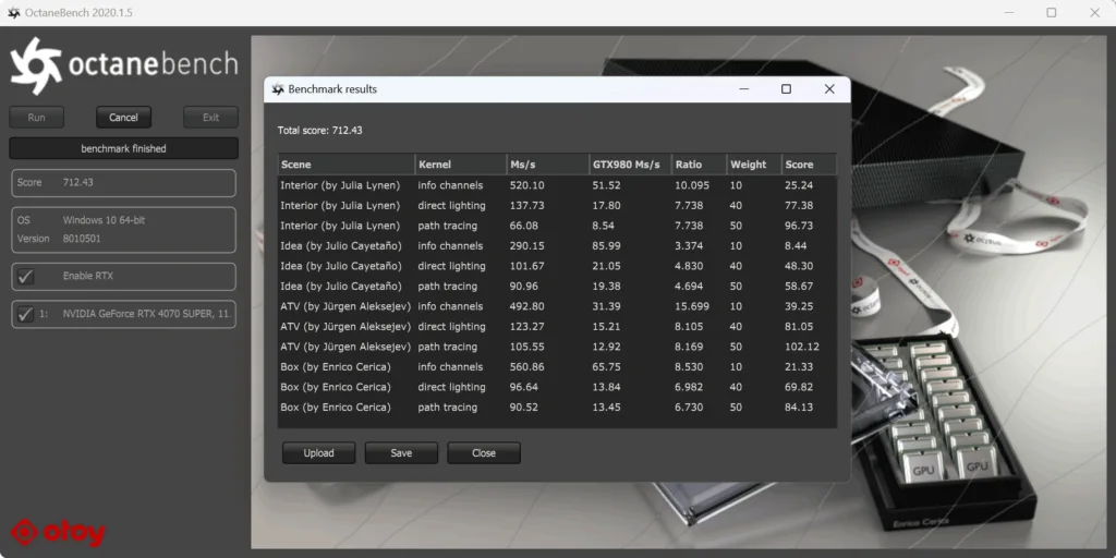 Interfaz de OctaneBench mostrando resultados de pruebas de rendimiento, con una lista de modelos, puntajes y columnas de datos en un fondo gris claro.