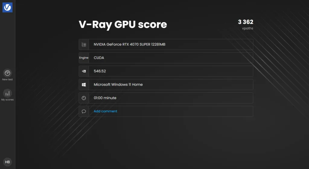 Resultado de V-Ray GPU: puntuación de 3,362 puntos con detalles del hardware, incluyendo la NVIDIA GeForce RTX 4070 Super.
