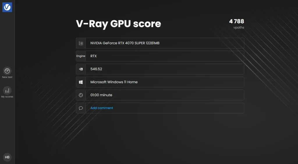Pantalla de puntuación GPU V-Ray, mostrando 4788 puntos, información sobre la tarjeta gráfica y configuración del sistema.