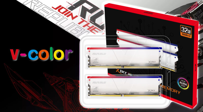 Módulos de memoria RAM v-color DDR5 XSky en caja roja, con un diseño en blanco y detalles de colores en la parte superior.