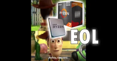 Woody de Toy Story mira sorprendido mientras se superpone un procesador AMD Ryzen y una caja de producto, con el texto "EOL".