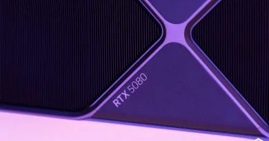 Tarjeta gráfica NVIDIA GeForce RTX 5080 con diseño angular, color negro y detalles en púrpura, destacando la etiqueta "RTX 5080".