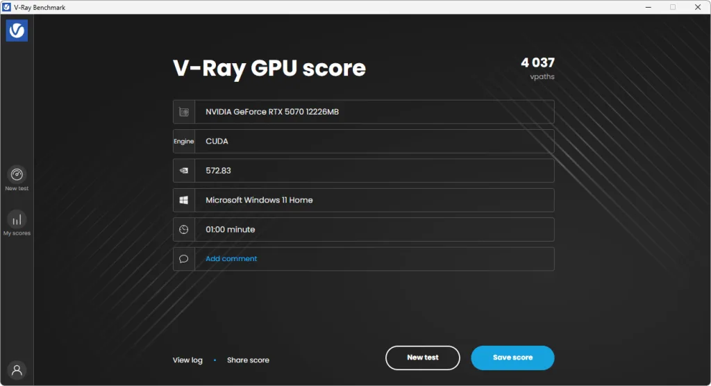 Interfaz de puntuación de V-Ray GPU mostrando la puntuación de 4,037 puntos, con detalles sobre la entrada y la duración de la prueba.
