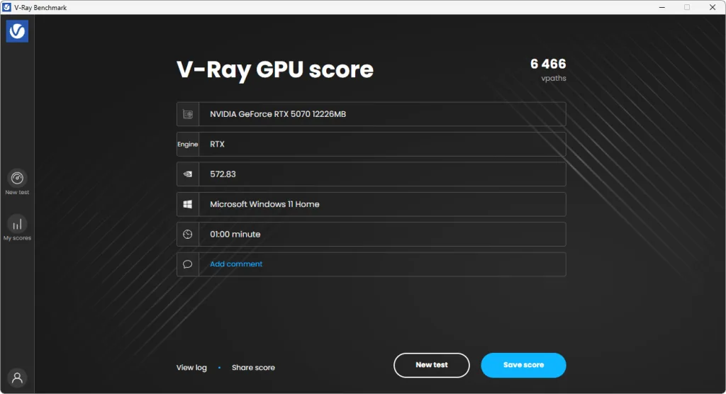 Pantalla de puntuación de V-Ray GPU, mostrando 6,486 puntos, con datos de la tarjeta gráfica RTX 5070 y configuraciones de prueba.