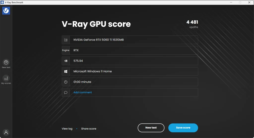 Interfaz de V-Ray mostrando puntajes de GPU; predominan colores oscuros, con detalles en azul y blanco. Puntaje: 4481.