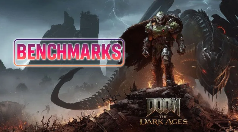 Personaje de juego en armadura con fondo de un castillo sombrío y un dragón, texto "BENCHMARKS" en colores llamativos.