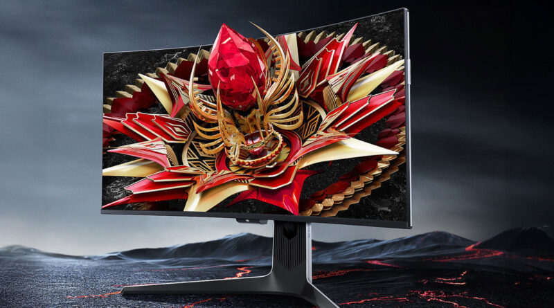 Monitor curvo de TCL con diseño vibrante en tonos rojos y dorados, mostrando gráficos detallados sobre un fondo oscuro y escénico.