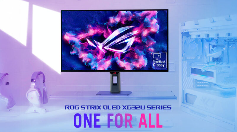 Monitor ROG Strix OLED XG32U con fondo vibrante y texto "ONE FOR ALL", acompañado de auriculares y una PC de gaming.