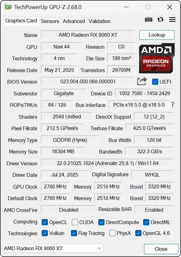 GIGABYTE Radeon RX 9060 XT 16GB Gaming OC GPUz