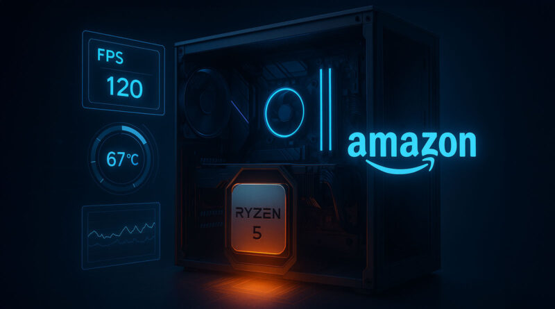 Caja de PC iluminada en azul, con indicadores de FPS 120, temperatura 67°C, y el logo de Amazon en destaque.