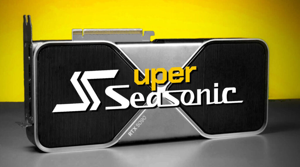 Tarjeta gráfica con diseño moderno, colores gris y negro, y el logotipo 'Super Seasonic' destacado en amarillo sobre un fondo amarillo.