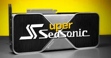 Tarjeta gráfica con diseño moderno, colores gris y negro, y el logotipo 'Super Seasonic' destacado en amarillo sobre un fondo amarillo.
