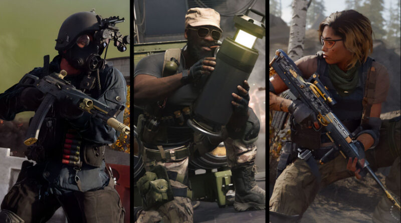 Tres personajes de un videojuego: un soldado con máscara, otro sosteniendo una bomba y una mujer armada. Fondo militar y colores oscuros.