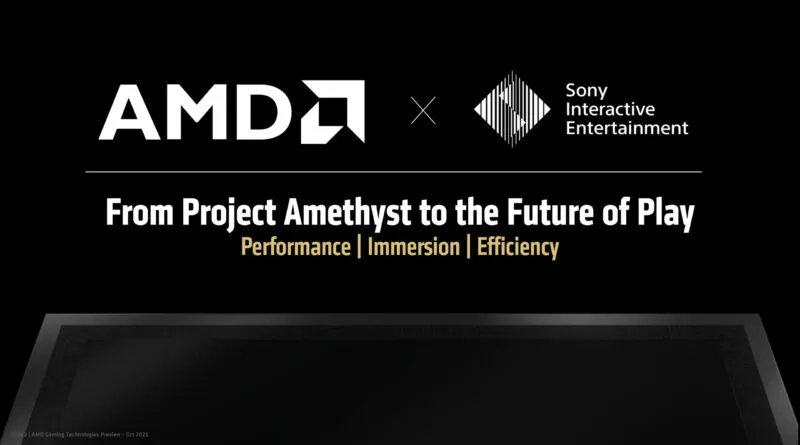 Logos de AMD y Sony sobre un fondo negro, con el texto que destaca "Rendimiento, Inmersión, Eficiencia" en letras blancas y doradas.