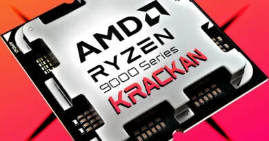 Procesador AMD Ryzen 9000 Series "Krackan" sobre fondo degradado rojo y naranja, con texto en negro y rojo que destaca su marca.