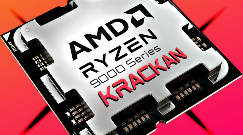 Procesador AMD Ryzen 9000 Series "Krackan" sobre fondo degradado rojo y naranja, con texto en negro y rojo que destaca su marca.
