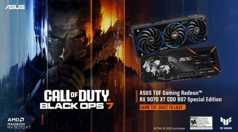 Tarjeta gráfica Radeon RX 9070 XT TUF edición especial Call of Duty: Black Ops 7, en un fondo oscuro con detalles de diseño militar.