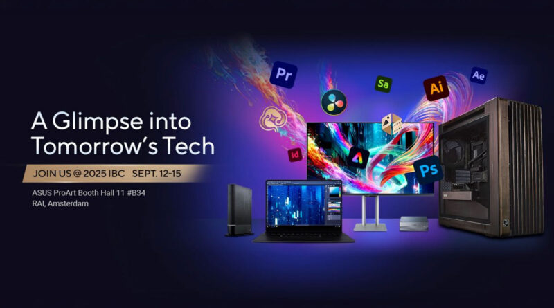 Pantallas de computadora y un PC de escritorio en un fondo violeta, con íconos de software creativo flotando alrededor.