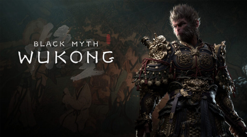 Wukong, un personaje detallado y muscular, en armadura dorada sobre fondo oscuro con elementos artísticos que evocan la mitología.