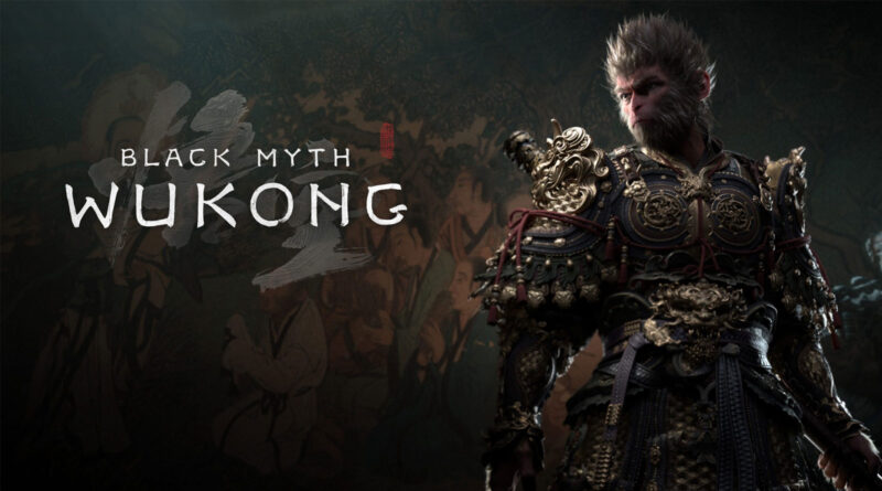 Wukong, un personaje detallado y muscular, en armadura dorada sobre fondo oscuro con elementos artísticos que evocan la mitología.