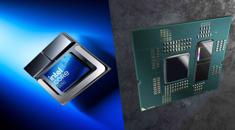 Procesador Intel Core con un diseño brillante y moderno a la izquierda, y un chip AMD en una placa verde a la derecha. Fondo oscuro.