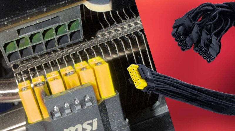 Conector de 16 pines de MSI, mostrando pines amarillos y cables negros sobre un fondo rojo, resaltando el problema de compatibilidad.