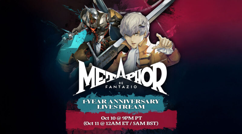 Fondo oscuro con gradientes en rojo y azul, presenta personajes de anime, espadas y texto sobre el stream del aniversario del juego.