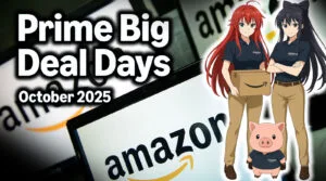 Dos personajes de anime vestidos con camisetas de Amazon sostienen una caja, junto a un cerdo, sobre un fondo con el logo de Amazon.