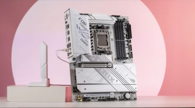 Placa base ROG Strix B850-A con diseño blanco y negro, ubicada sobre una mesa, acompañada de una antena WiFi en un fondo rosa claro.