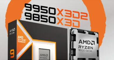 Caja de procesadores AMD Ryzen 9 9950X3D2 y 7 9850X3D, con diseño moderno en tonos grises y naranjas, destacando el logotipo de AMD.