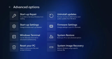 Opciones avanzadas en pantalla oscura, mostrando menús como "Reparación de inicio", "Configuraciones del firmware" y "Restaurar PC".