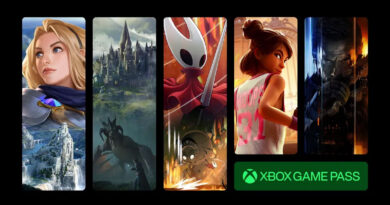 Seis ilustraciones de videojuegos con personajes y paisajes variados, fondo oscuro y el logotipo de Xbox Game Pass en la esquina inferior derecha.