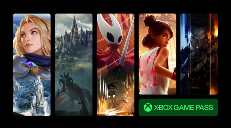 Seis ilustraciones de videojuegos con personajes y paisajes variados, fondo oscuro y el logotipo de Xbox Game Pass en la esquina inferior derecha.